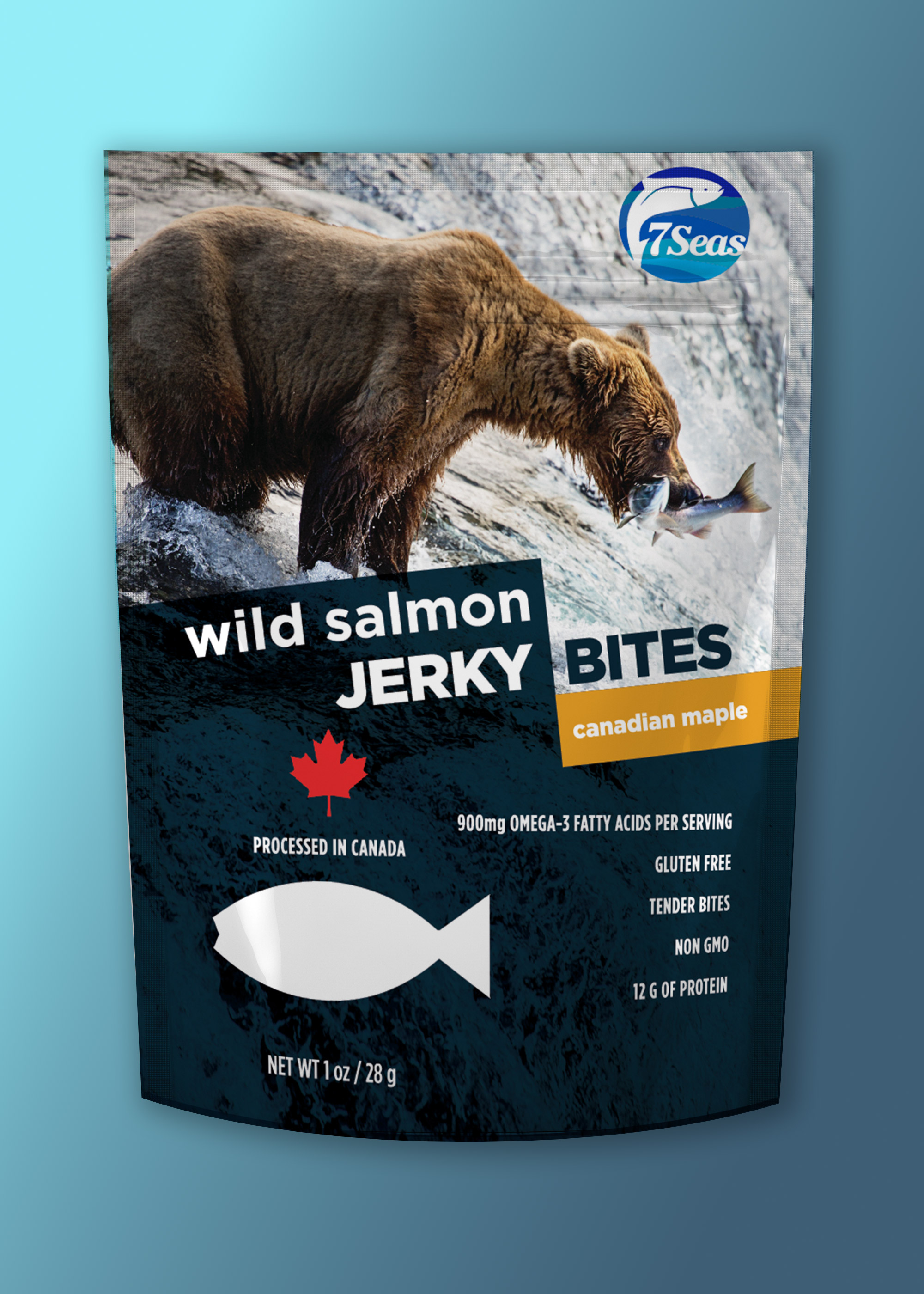 7 Seas Wild Salmon Jerky Canadian Maple flavor bag packaging