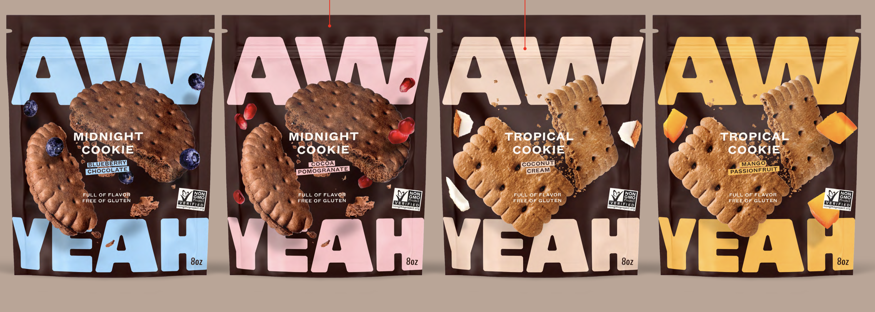 Aw Yeah snack cookie packaging lineup showing Midnight Cookie and Tropical Cookie varieties