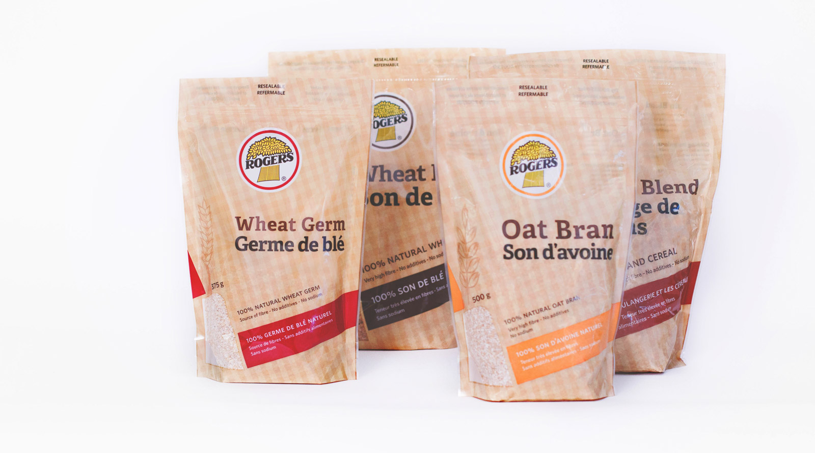 Rogers Foods new cereal packaging lineup - Wheat Germ, Wheat Bran, Oat Bran, and 9 Grain Blend