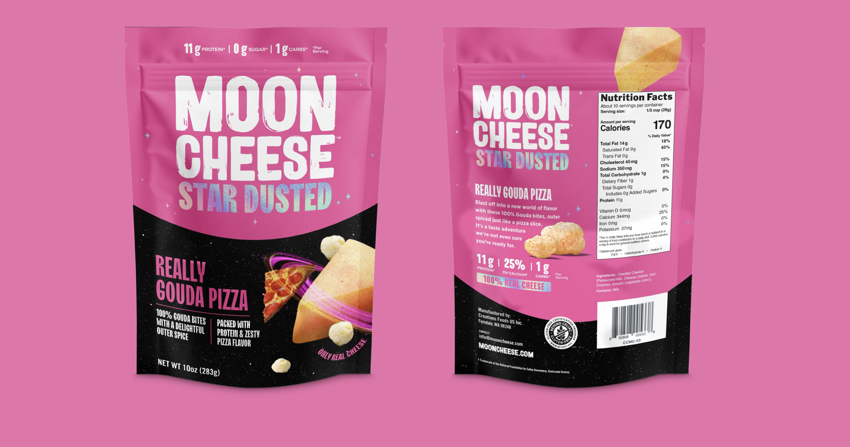 Moon Cheese Star Dusted Really Gouda Pizza front and back packaging design