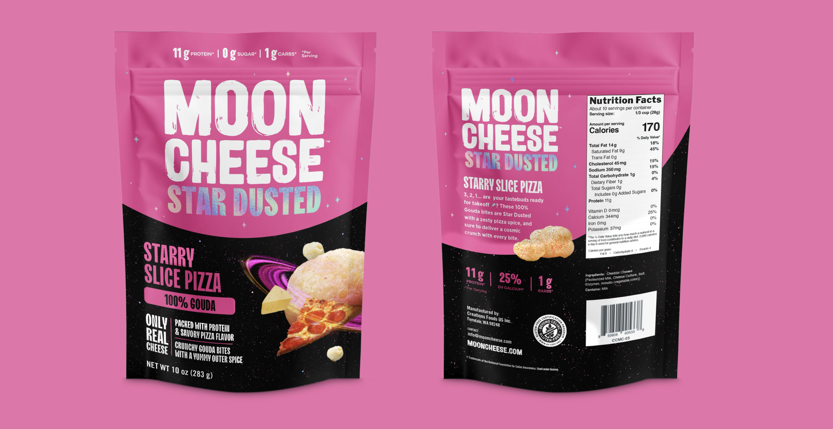 Moon Cheese Star Dusted Starry Slice Pizza front and back packaging showing nutrition facts